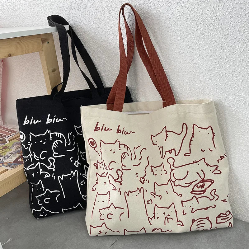 Art Design Cute Animals Printed Handbag Shoulder Bag, Literary Retro Canvas Tote Bags for Women Daily Use Work, Shopping School