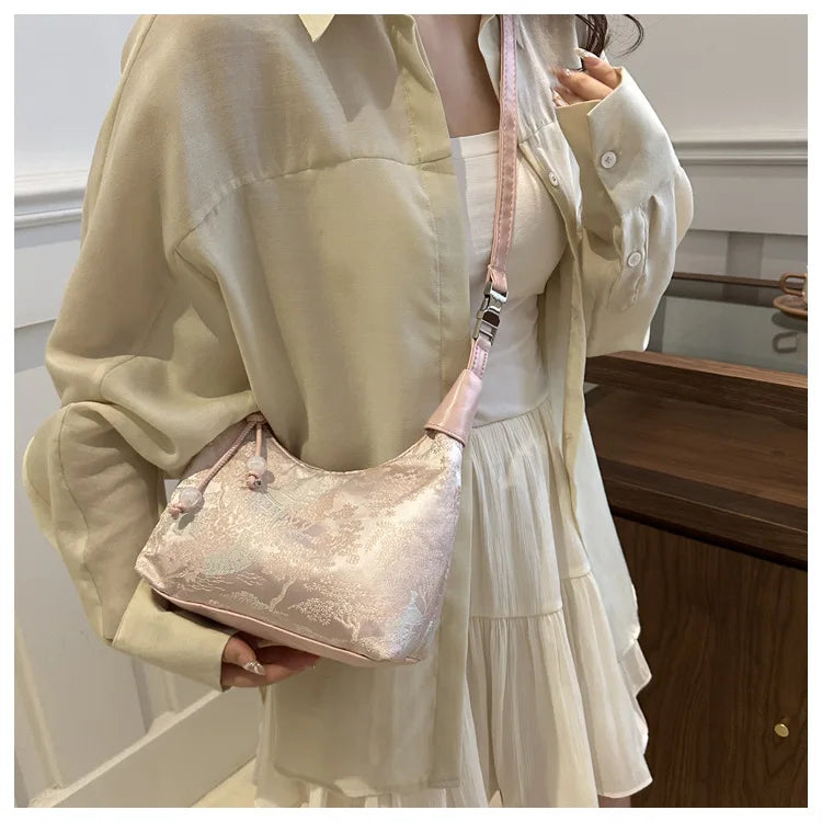 Fashionable Chinese Handbags Fashion Trend Single Shoulder Bag Light Simple Crossbody Bag Random Printed Satin Women's Tote Bag