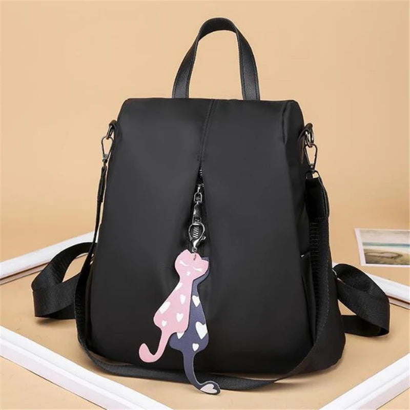 Solid Color Large Daypack for Female, Bagpack with Cat Pendant ,Women Simple Travel Shoulder Bags ,Multi-use Nylon Backpack