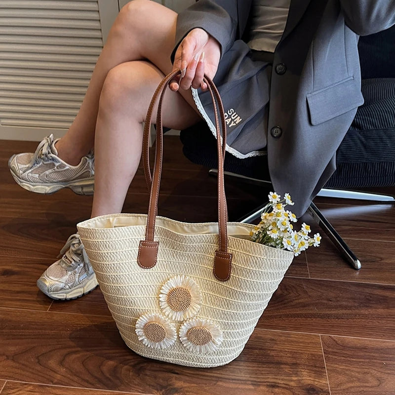 Woven Women Handbag Large Capactity Basket Summer Beach Bag Shopper Tote Ladies Travel Shoulder Underarm Bags
