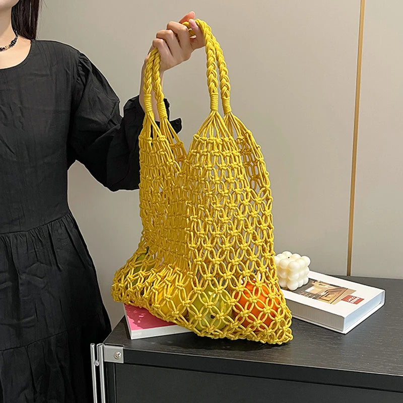 Women Bag Bucket Cotton Beach Bag Bag Casual Hollow Out Solid Soft High-Capacity Shoulder Bag Travel Handbag