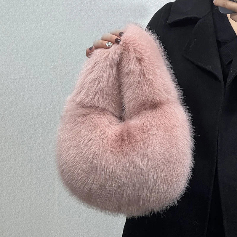 Fashion Soft Plush Half Moon Bags for Women Designer Fluffy Faux Fur Lady Handbags Luxury Small Tote Female Winter Purses