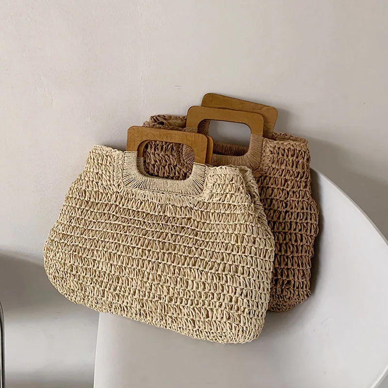 Summer Woven Straw Handbag Female Wooden Handle Bag Large Capacity Travel Beach Bag Fashion Style Totes Hollow out Tote Bolsa