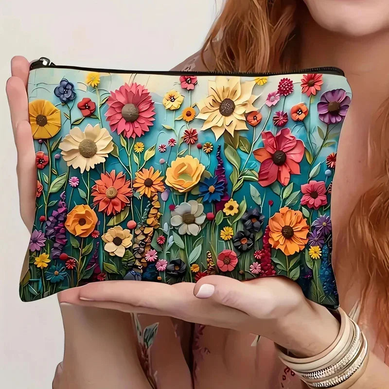 Flower Printed Canvas Cosmetic Bag, Large Capacity Wash Bag, 3D Portable Makeup Travel Bag, Double Sided Print Cotton and Linen