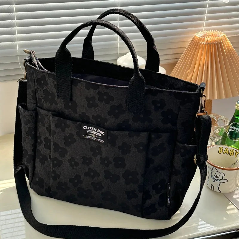 3D Floral Design Tote Bag, Thickened Zipper, Multifunctional Canvas Bag, Student Computer Handbag Shoulder Crossbody School Bag,
