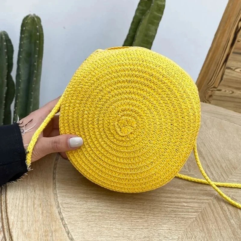 Round Straw Bag Women Woven Beach Crossbody Bag for Ladies Cute Shoulder Rattan Handmade Knitted Candy Color Small Handbag Bolsa