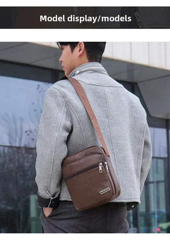 Men's Bag, PU Leather Single Shoulder Bag Multi Layer Zipper Large Capacity Crossbody Bag Daily Use Work Travel Business Commute