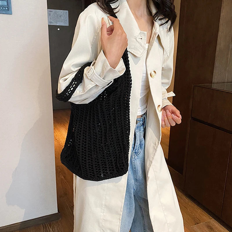 Summer Knitted Hollow Underarm Bag Women's Large Capacity Shopper Tote Bag Simple Design Casual Travel Handbags