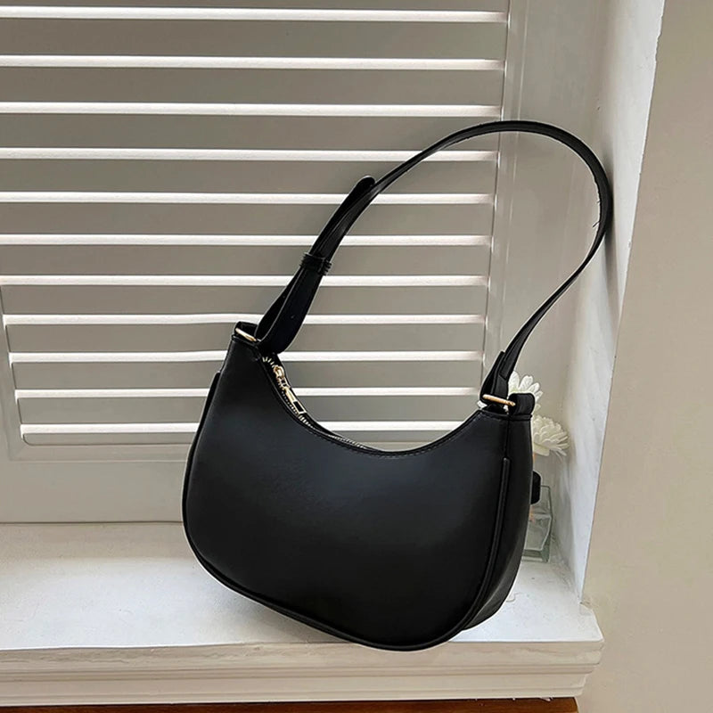 Womens Fashion Handbags Retro Solid Color Pu Leather Bag Half Simple Color Underarm Shoulder Bag Moon Casual Purse