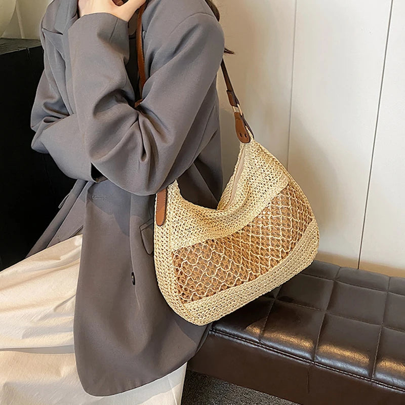 Women Hollow Shoulder Bag Large Capacity Straw Weaving Travel Handbag Adjustable Strap Shopper Tote Bag