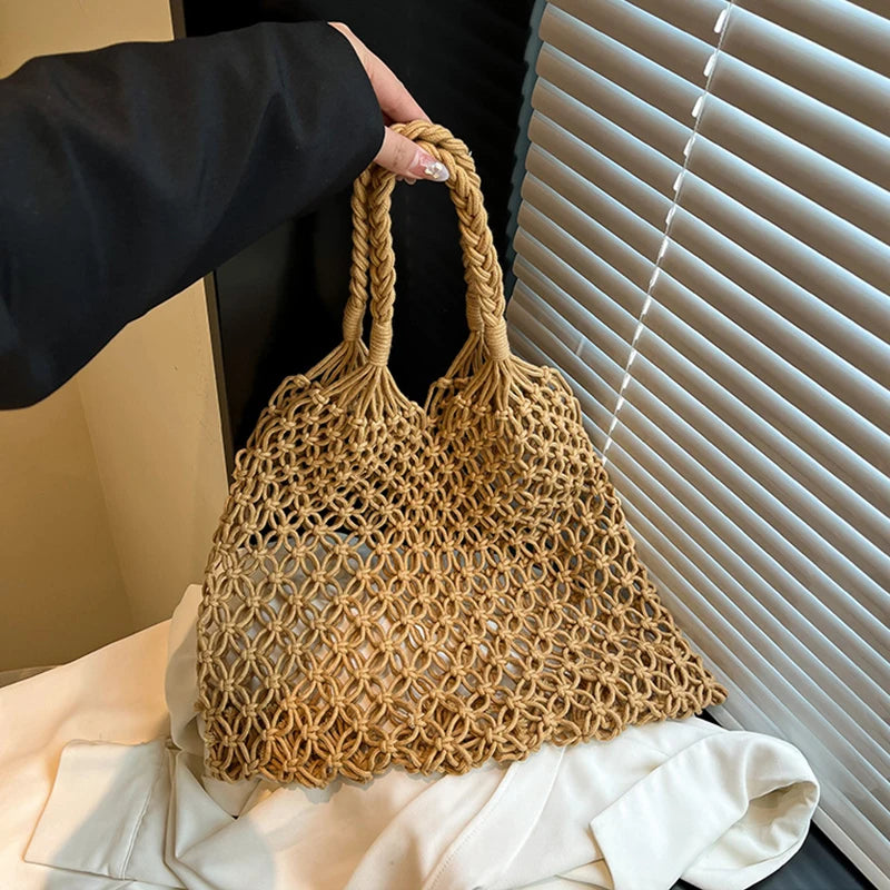 Hand-Woven Bag Women Handmade Hollow Handbag Female Shoulder Bag Big Capacity Summer Casual Travel Beach Tote Purse