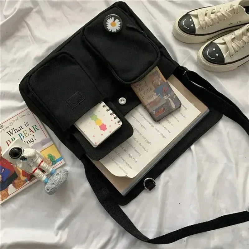 Ladies' Cute and Versatile Canvas Youth Fashion Shoulder Bag Student Large Capacity Crossbody Bag Flip Cover Student School Bags