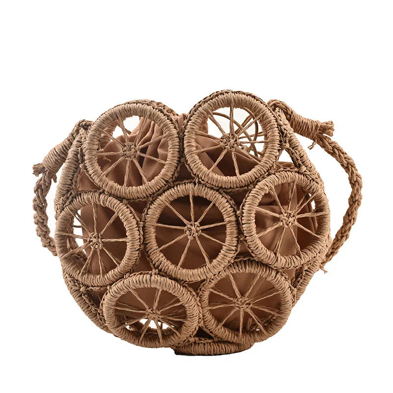 Summer Hollow Round Straw Bag For Women Casual Woven Handmade Crossbody Bag New Trendy Rattan Beach Bags Designer Circle Handbag