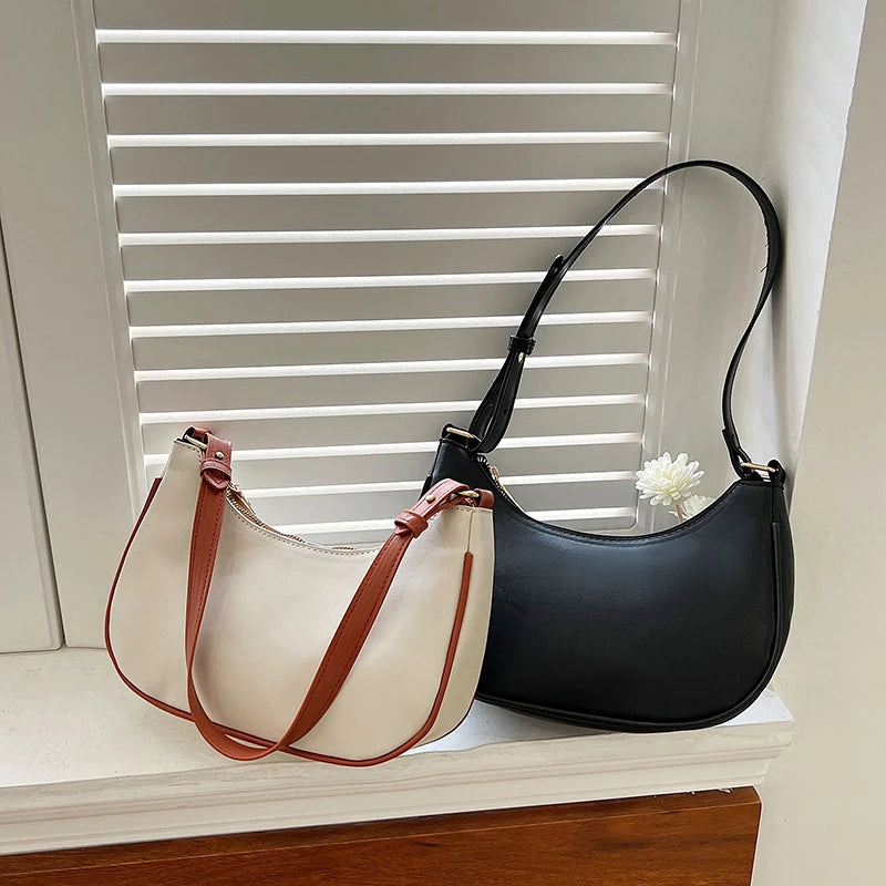 Womens Fashion Handbags Retro Solid Color Pu Leather Bag Half Simple Color Underarm Shoulder Bag Moon Casual Purse