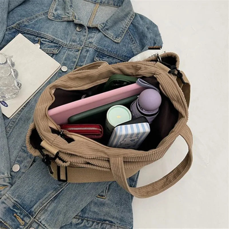 New Corduroy Tote Bag with Zipper Closure, Chic Daily Commuter Handbag Shoulder Crossbody Bag, Ideal for Shopping & Everyday Use