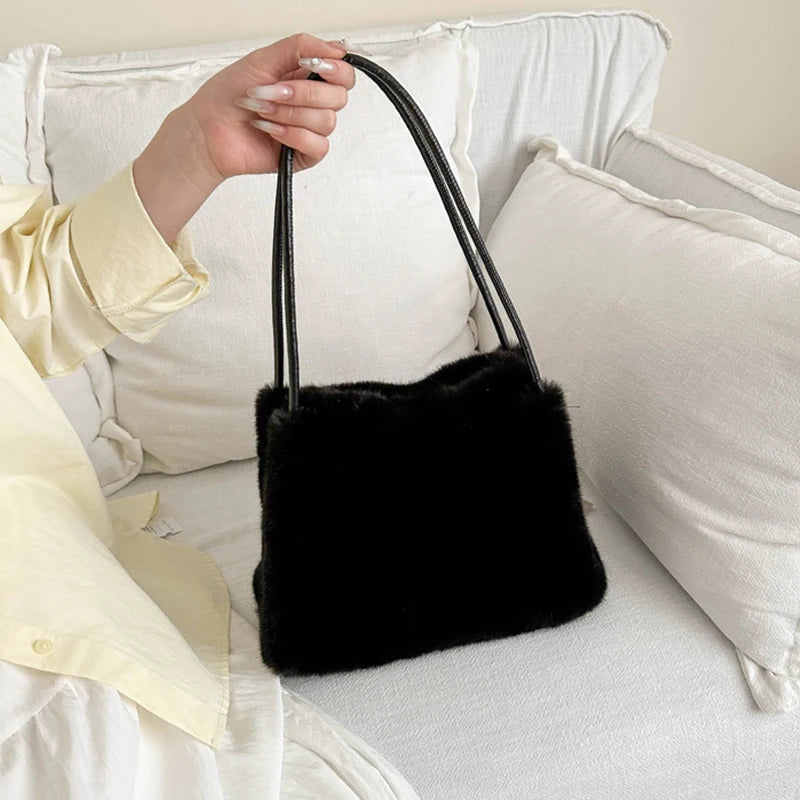 Women Fluffy Shoulder Bag Top-handle Bag New Fashion Female Autumn Winter Handbag Soft Plush Versatile Shopping Tote