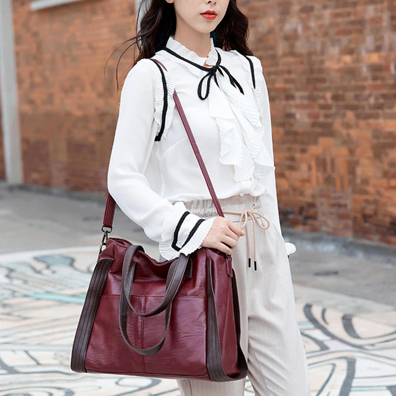 Soft Leather Women's Totes Bags High Capacity Shouldr Bag Luxury Middle-aged Lady Top-handle Bag Casual Armpit Bag Travel Pack