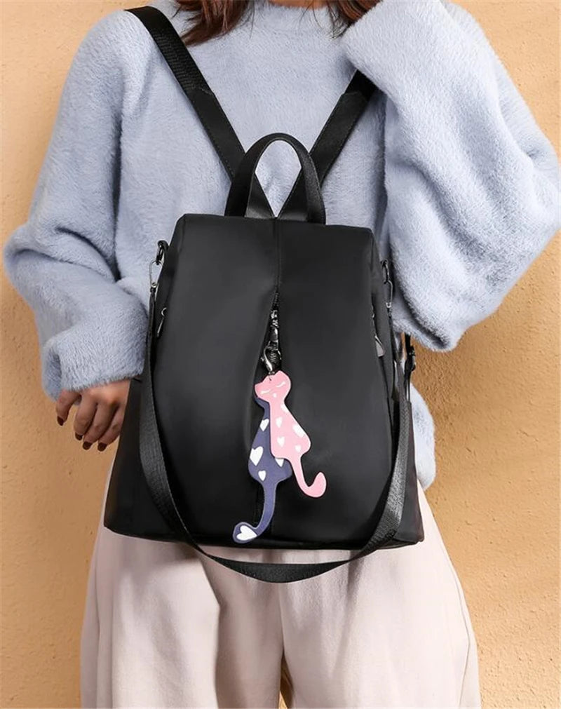 Solid Color Large Daypack for Female, Bagpack with Cat Pendant ,Women Simple Travel Shoulder Bags ,Multi-use Nylon Backpack