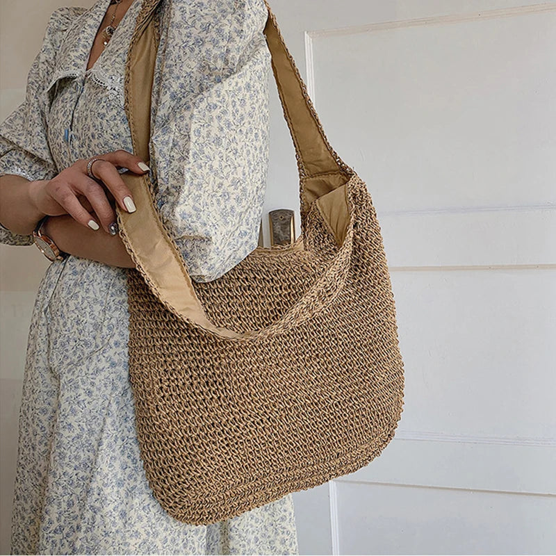 Women Large Capacity Shoulder Bags Handmade Straw Woven Fashion Travel Shopper Totes Ladies Bohemis Designer Casual Handbags