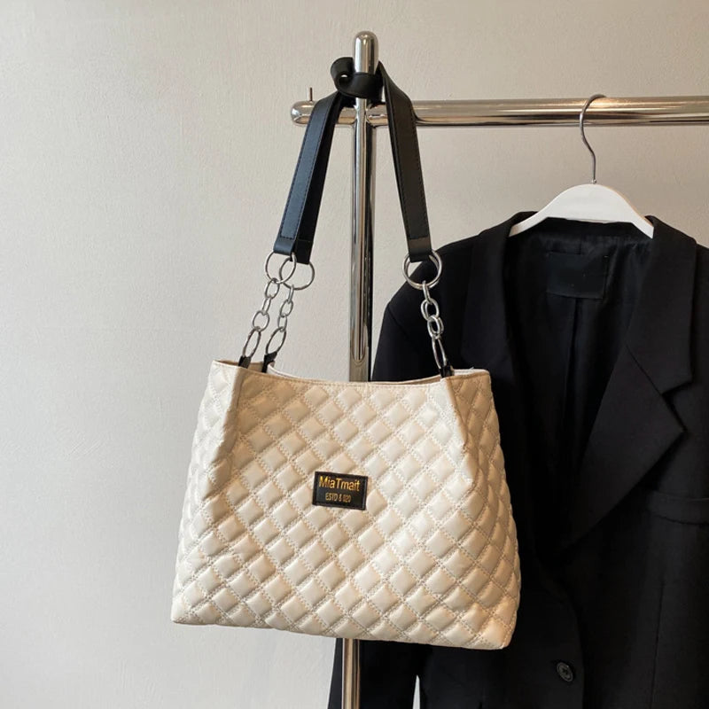 New Popular PU Leather Large Capacity Women's Bag Winter High Quality Quilted Design Shoulder Bag Commute Shopper Tote Bag