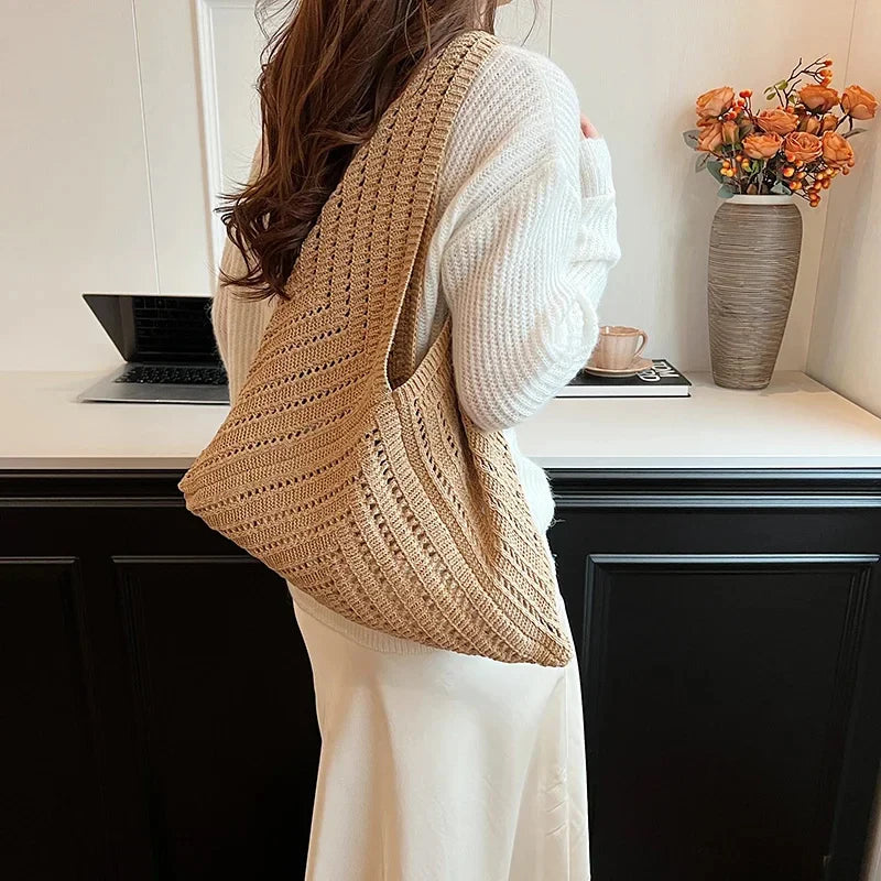 Brand Women Tote Knitting Handbag Triangle Design Woven Beach Bag Lightweight Elegant Portable Shoulder Bag Purse