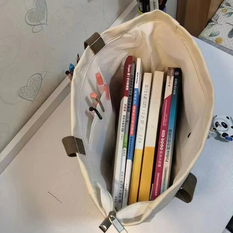 Letter Print Shopping Canvas Bag Large Capacity Casual Lightweight Handbag Women Shoulder Bag, Back To School Campus Schoolbag