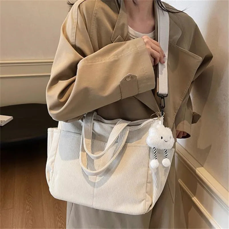 New Corduroy Tote Bag with Zipper Closure, Chic Daily Commuter Handbag Shoulder Crossbody Bag, Ideal for Shopping & Everyday Use