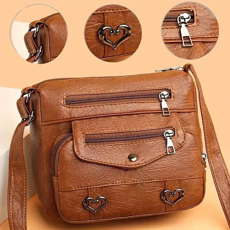 Versatile Multi Pocket Shoulder Bag, Women's Brown Black Leather Messenger Bag with Heart Tassel Embellishments Adjustable Strap