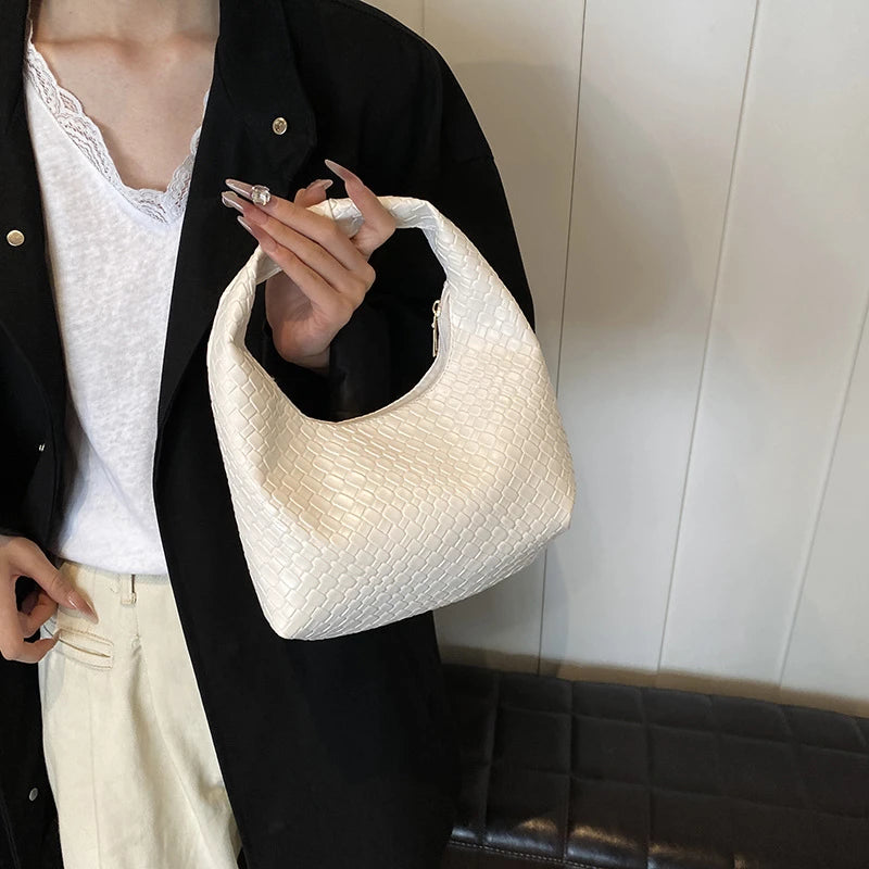 Women Classic Fashion Woven Embossed Hobo Soft PU Leather Small Top-handle Shoulder Bag Casual Daily Handbags