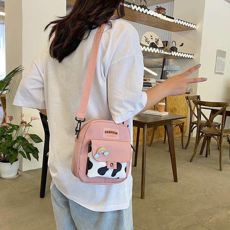 Harajuku Phone Crossbody Bag Nylon Cute Small Bags for Women Cow Pattern Square Small Shoulder Bag Suitable for Women Daily Use