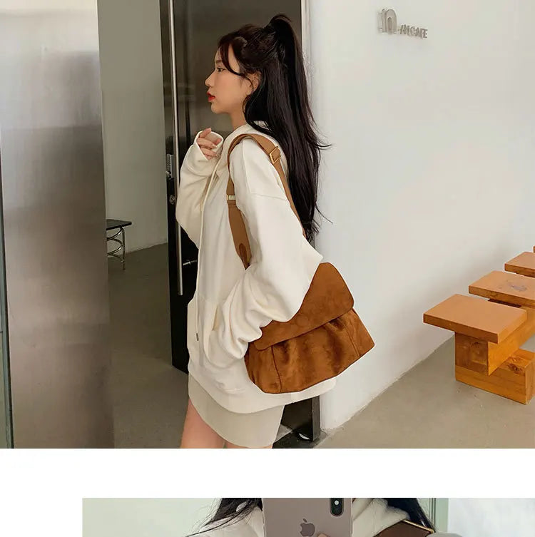 Suede Leather Women's Shoulder Bag Magnetic Button Messenger Bag Large Capacity Work Outing Velvet Tote Bag for Women Daily Use