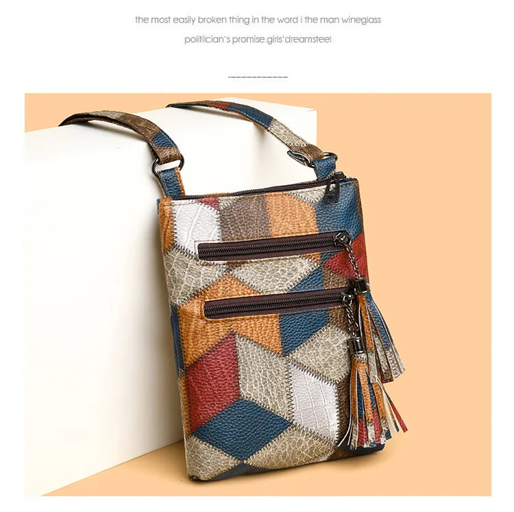 Retro PU Soft Leather Multi Pocket Handbag Shoulder Bag with Color Blocking Plaid Tassel Cross Bags, Mobile Phone Messenger Bag