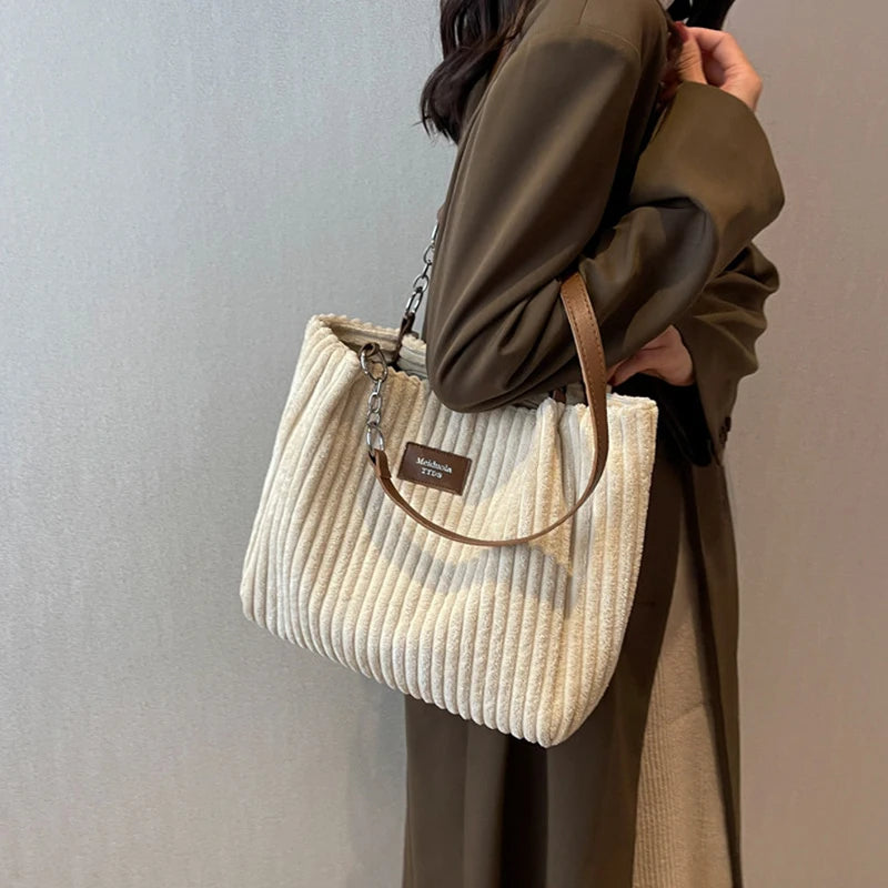 Women Corduroy Shoulder Bag Solid Color Handbag Shoulder Strap Large Capacity Simple Multifunctional Design Casual Totes