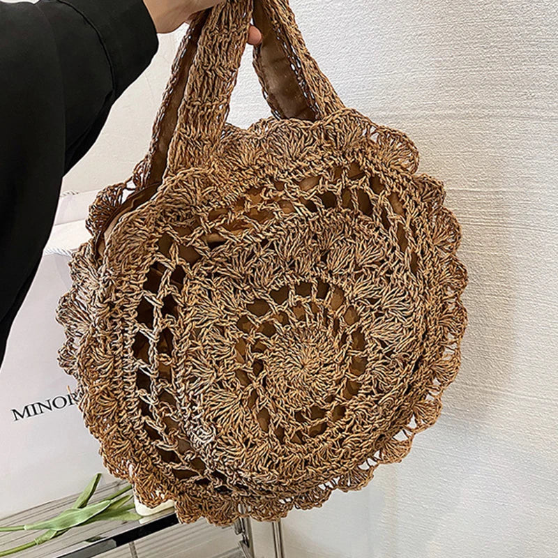 Summer Round Straw Bag Women Woven Rattan Beach Bag Hot New Shoulder Bag Circle Hollow Out Handle Bag Casual Shopper Tote Pouch