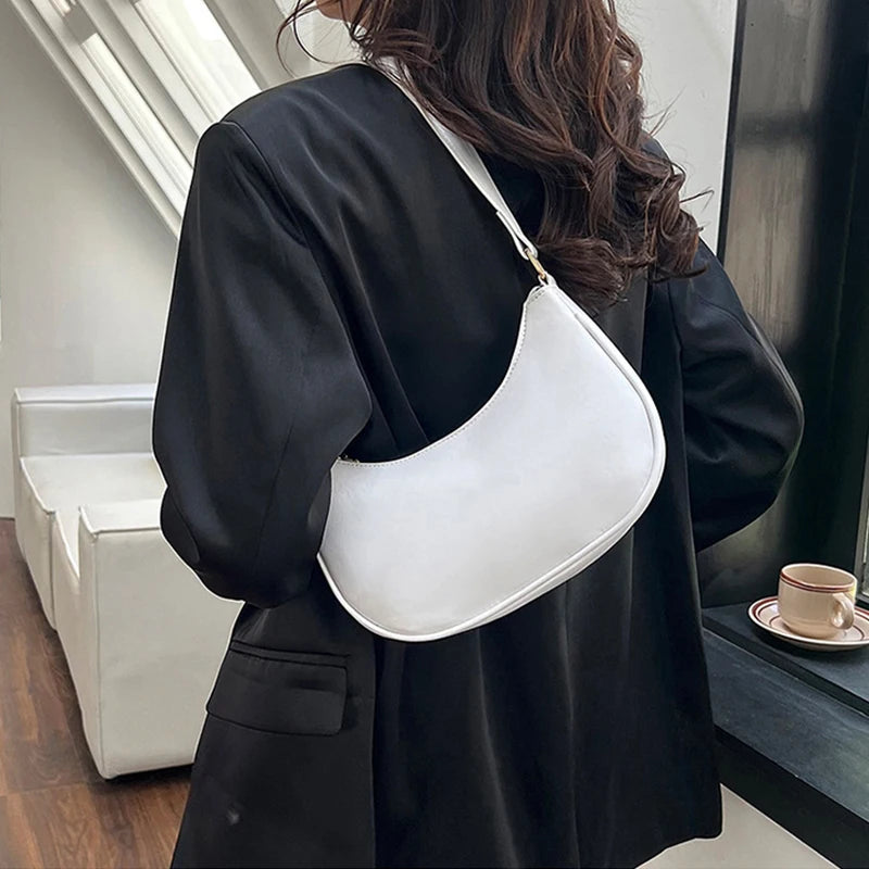 Womens Fashion Handbags Retro Solid Color Pu Leather Bag Half Simple Color Underarm Shoulder Bag Moon Casual Purse