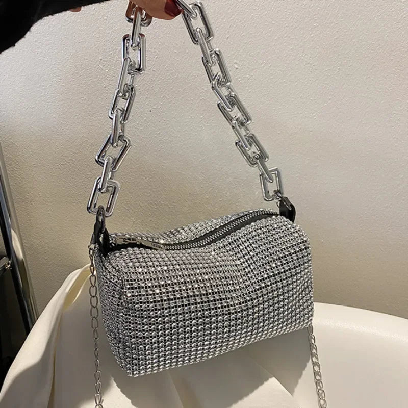 Full Version Rhinestone Bucket Tote Bag, Stylish Sparkling Chain Ball Pillow Shoulder Bag, Women's Mini Hand-Held Crossbody Bag
