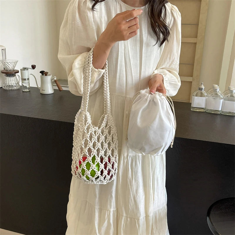Ladies Summer Bucket Shoulder Bag Phone Purse Handmade Hollow Out Cotton Rope Crochet Bag Small Handbag For Women
