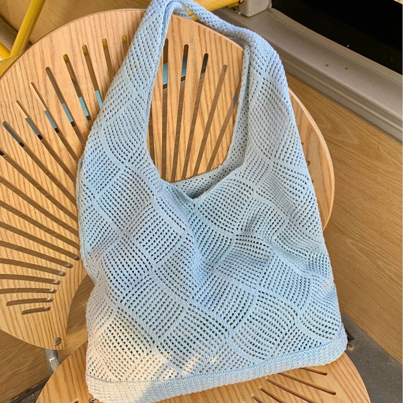 New Trend Women's Bag Crochet Handbag Retro Knitted Solid Color Hollow Top-handle Tote Bag Travel Shopper Shoulder Bag