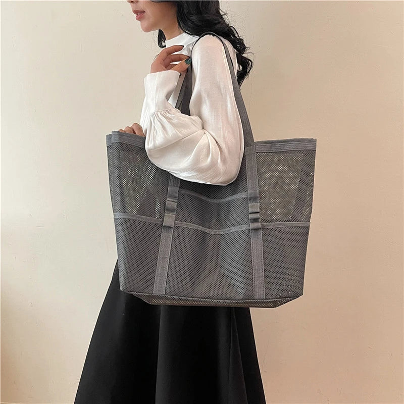 Portable Mesh Beach Bag For Women Makeup Travel Storage Wash Bag Summer Travel Swimming Bath Bag Organizer Shopper Totes