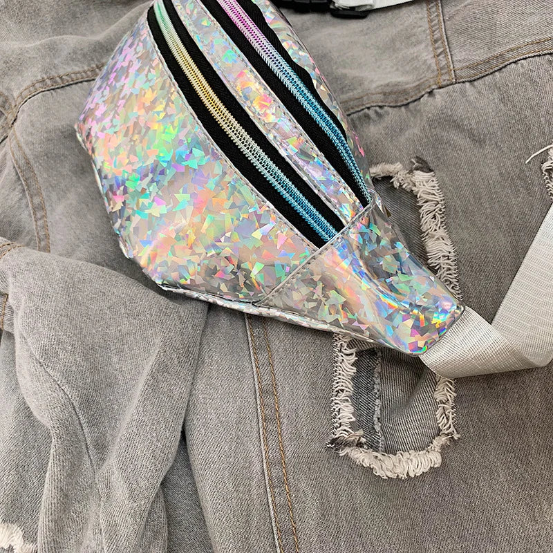 Holographic Fanny Pack Hologram Waist Bag Laser PU Leather Travel Banana Hip Bum Zip Waist Bags Women Shoulder Bag for Girls