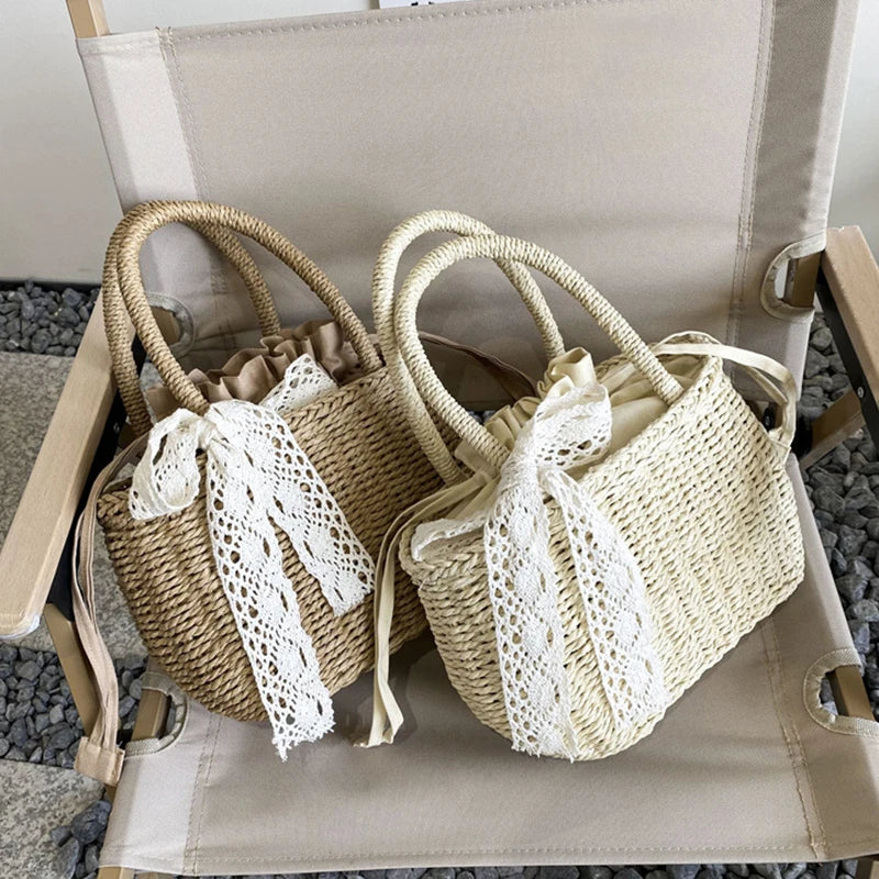 Women Straw Woven Drawstring Handbag Girls Solid Color Holiday Purse Crossbody Beach Bags Summer Rattan Tote
