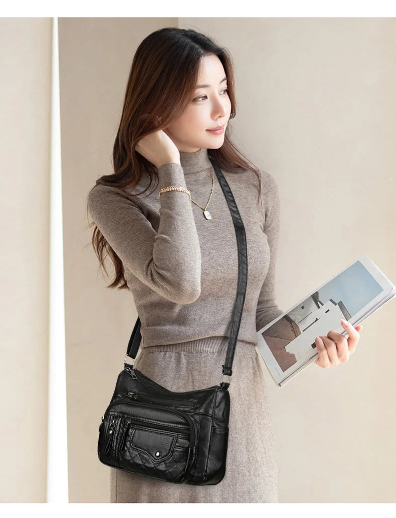 Fashionable Four Seasons Soft Leather Multi Pocket Cross Bags, Multi Layer Zipper Pouch Single Shoulder Bag for Women Daily Use