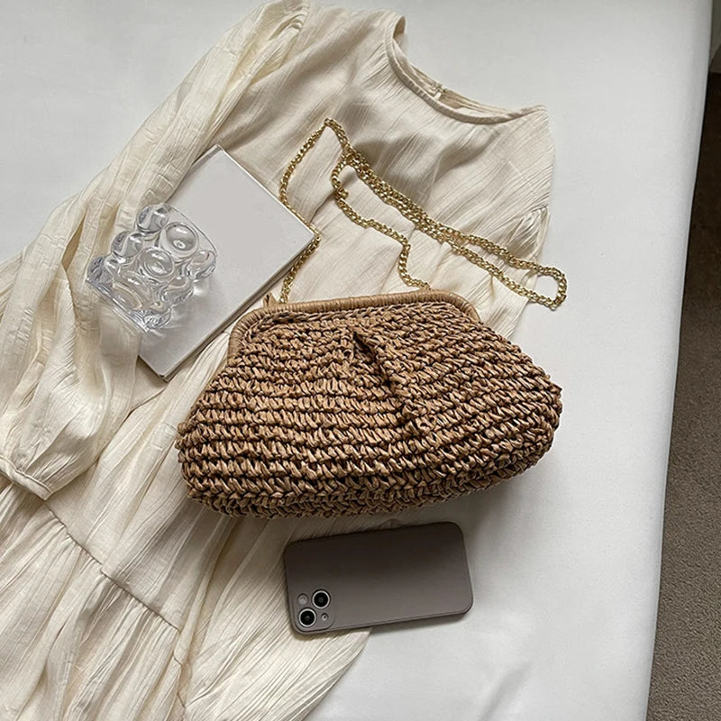 Summer New Straw Weaving Crossbody Bag Fashionable and Casual Shell Bag Women's Shoulder Bag with Excellent Texture
