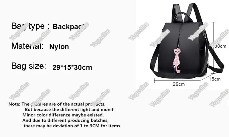 Solid Color Large Daypack for Female, Bagpack with Cat Pendant ,Women Simple Travel Shoulder Bags ,Multi-use Nylon Backpack