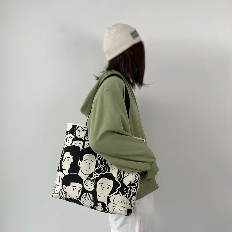 Teen Youth Pattern Canvas Bag, Large Capacity Female Single Handbag Shoulder Bag, Student Literary Artistic Simple Shopping Bag