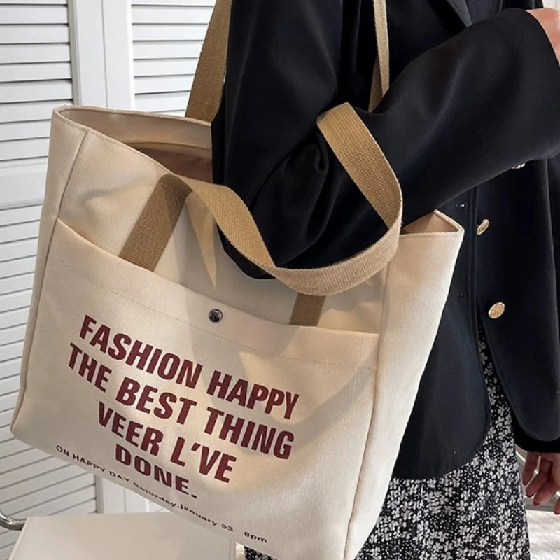 Letter Print Shopping Canvas Bag Large Capacity Casual Lightweight Handbag Women Shoulder Bag, Back To School Campus Schoolbag