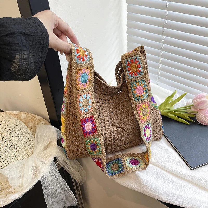 Large Capacity Fashion Boho Tote Bag Trendy Floral Crochet Handmade Knitted Bag Vintage Multicolor Hollow Out Handbag