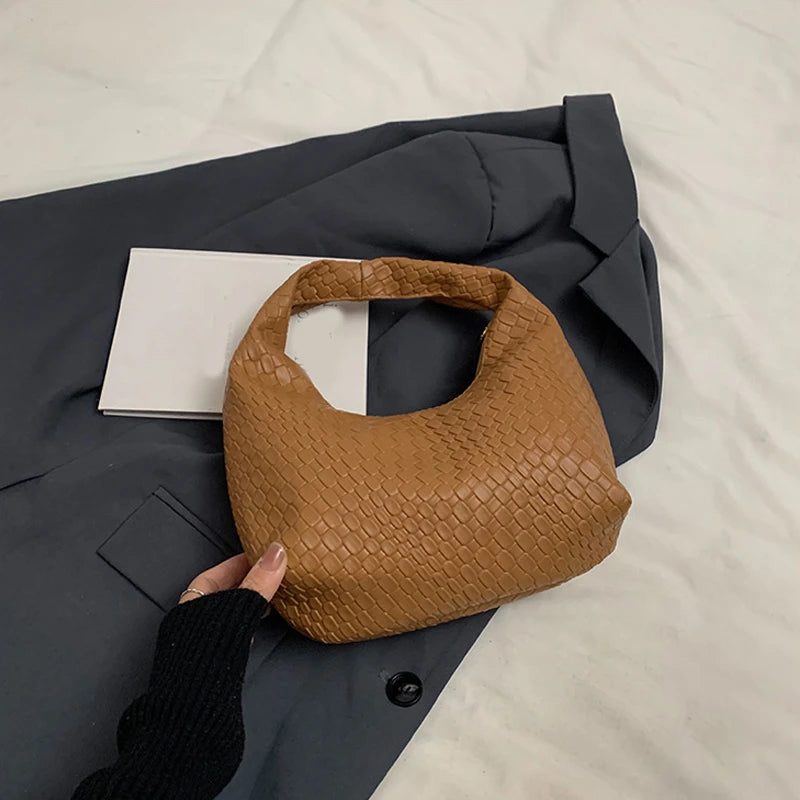 Women Classic Fashion Woven Embossed Hobo Soft PU Leather Small Top-handle Shoulder Bag Casual Daily Handbags