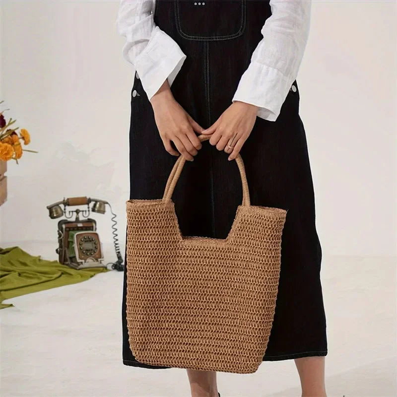 Straw Woven Tote Bag Large Capacity Shoulder Bag Versatile Knit Handbag Storage Bags For Women Stylish Vacation Beach Shopping