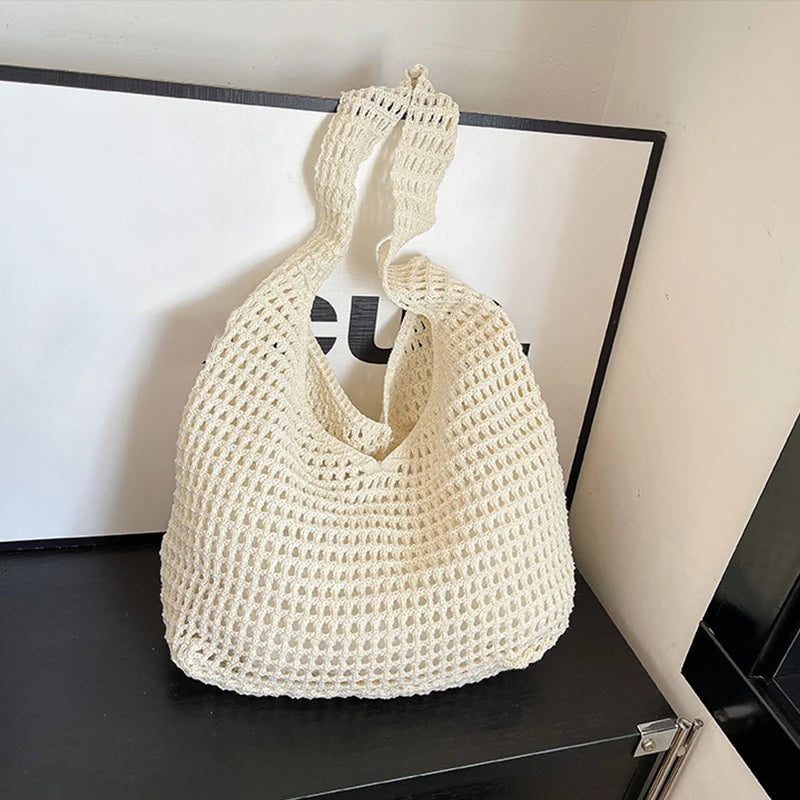 New Sweet Crochet Shoulder Bag Leisure Beach Hollow Out Handbag Women Solid Color Woven Totes Bag For Travel